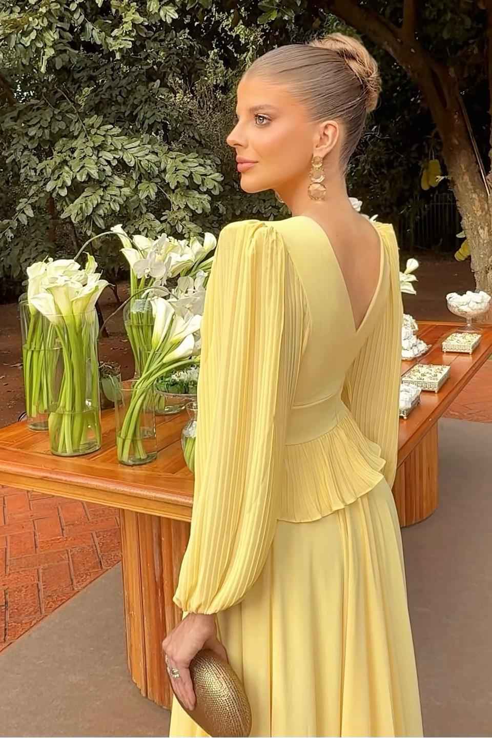 Deep V Neck Long Sleeves Long Prom Dress With Ruffles Pleated