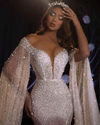 Elegant Pearl Long Sleeves Beaded Mermaid Sweetheart Prom Dress