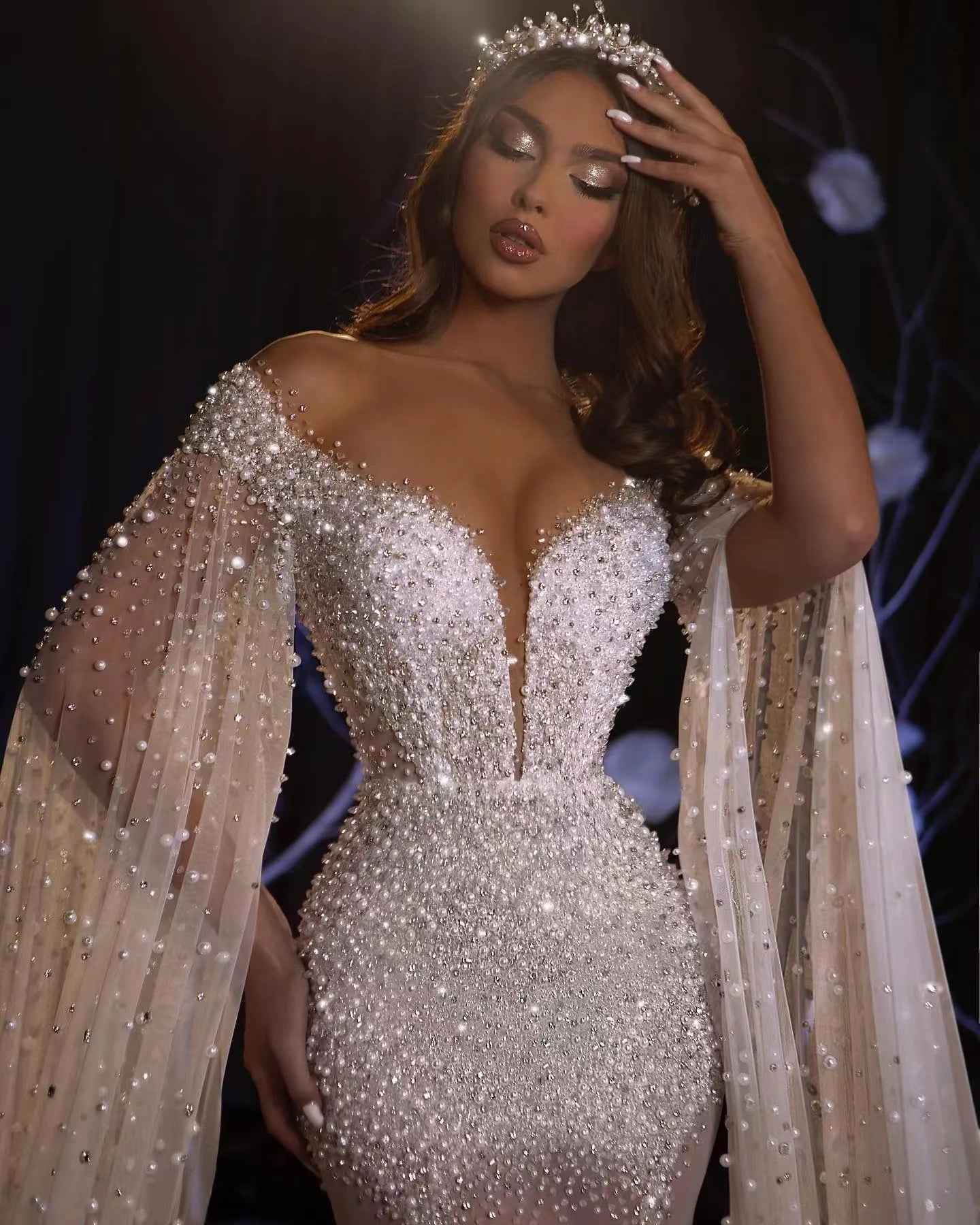 Elegant Pearl Long Sleeves Beaded Mermaid Sweetheart Prom Dress