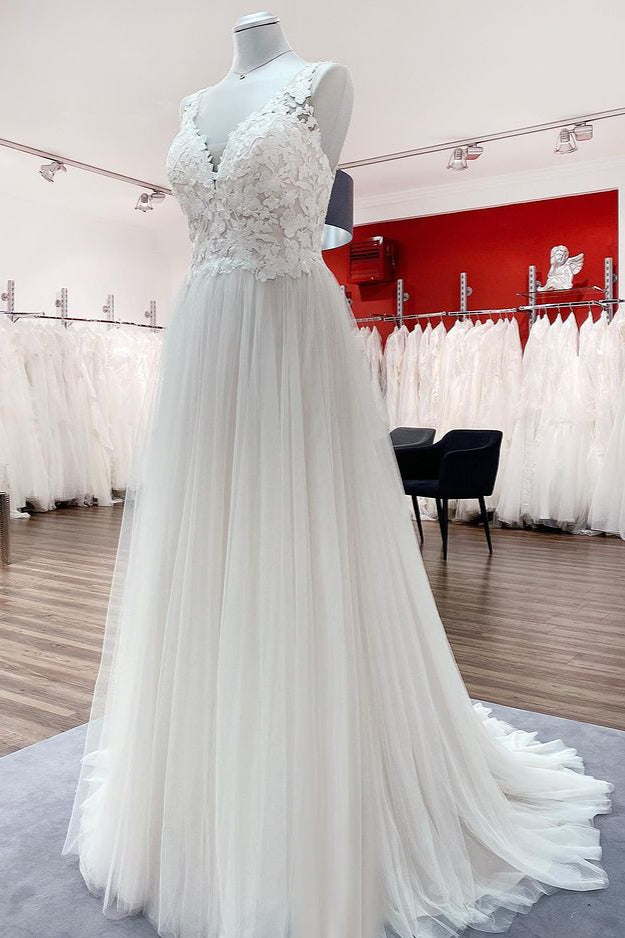 Long A-Line Tulle V-Neck Open Back Wedding Dress with Lace Appliques BM bride