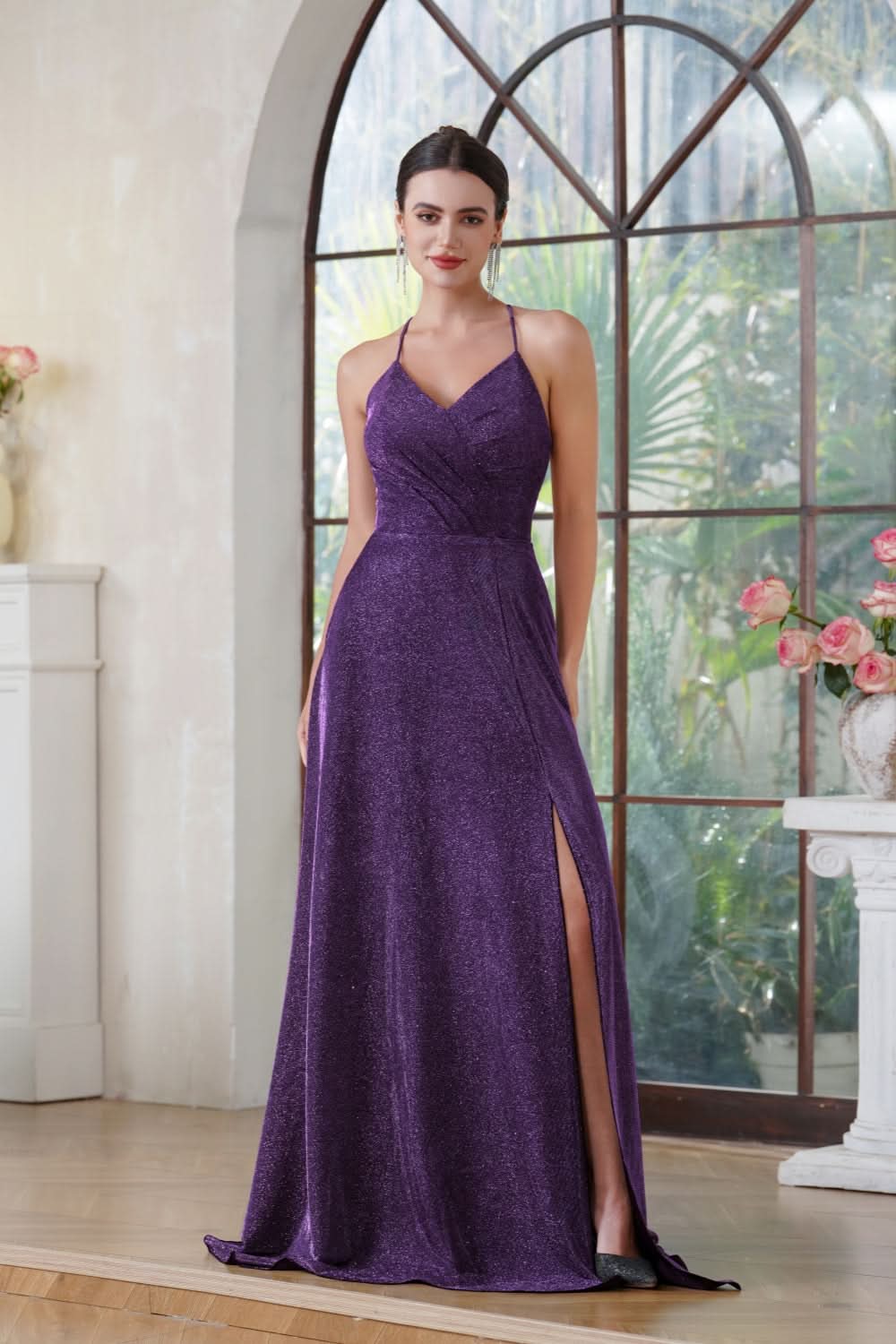 Halter Shiny Silk Long Prom Dress V-Neck Pleated Side Slit Party Dress with Pocket BMbride