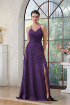 Halter Shiny Silk Long Prom Dress V-Neck Pleated Side Slit Party Dress with Pocket BMbride