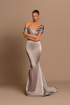 Grey Off-The-Shoulder Bateau Pleated Ball Gown Evening Dress BM bride