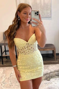 Yellow Tight Short Homecoming Dress with Appliques Bmbride