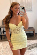 Yellow Tight Short Homecoming Dress with Appliques Bmbride