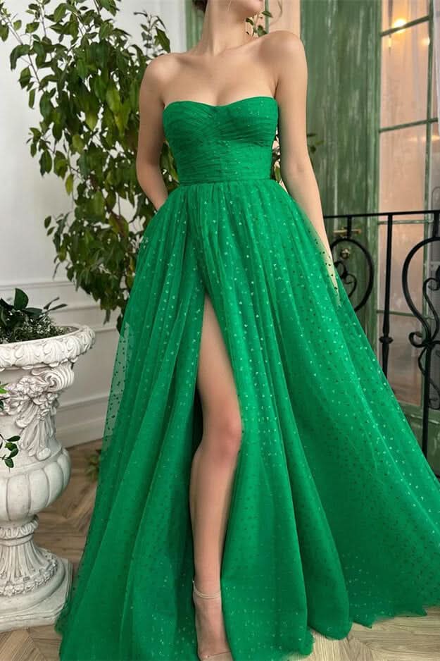 Glamorous Green Sleeveless Sweetheart Tulle Prom Dress with Split BM bride