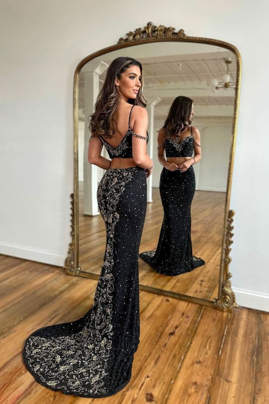 Black Spaghetti Strap Two Pieces Long Mermaid Prom Dress with Beads BM bride