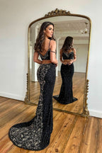 Black Spaghetti Strap Two Pieces Long Mermaid Prom Dress with Beads BM bride