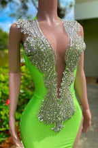 Sexy Green Sleeveless Cut Out Long Appliques Mermaid Prom Dress BM bride