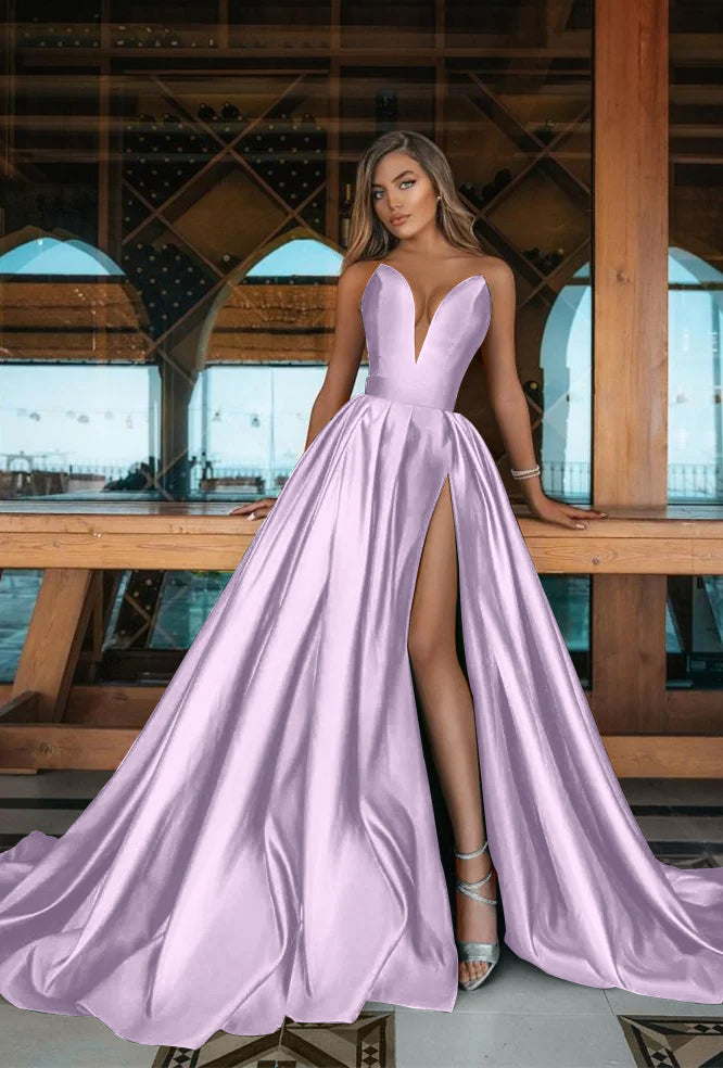Long Deep V Neck Sleeveless Emerald A Line Green Prom Dress With Side Split