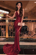 Burgundy Sequins Mermaid Evening Dress BM bride