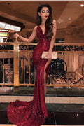 Burgundy Halter Sleeveless Sequins Mermaid Elegant Prom Dress With High Split