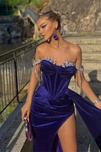 Velvet Off-the-Shoulder Beads Split Mermaid Prom Dress with Ruffles BM bride