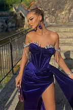 Velvet Off the Shoulder Split Beadings Mermaid Long Prom Dress With Ruffles