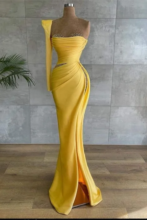 One Shoulder Long Sleeve Long High Split Prom Dress With Beading BMBRIDE