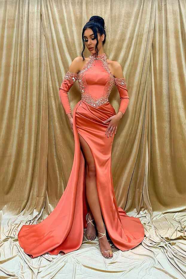 Halter Long Sleeves Beaded High Collar Mermaid Pleated Prom Dress With Split