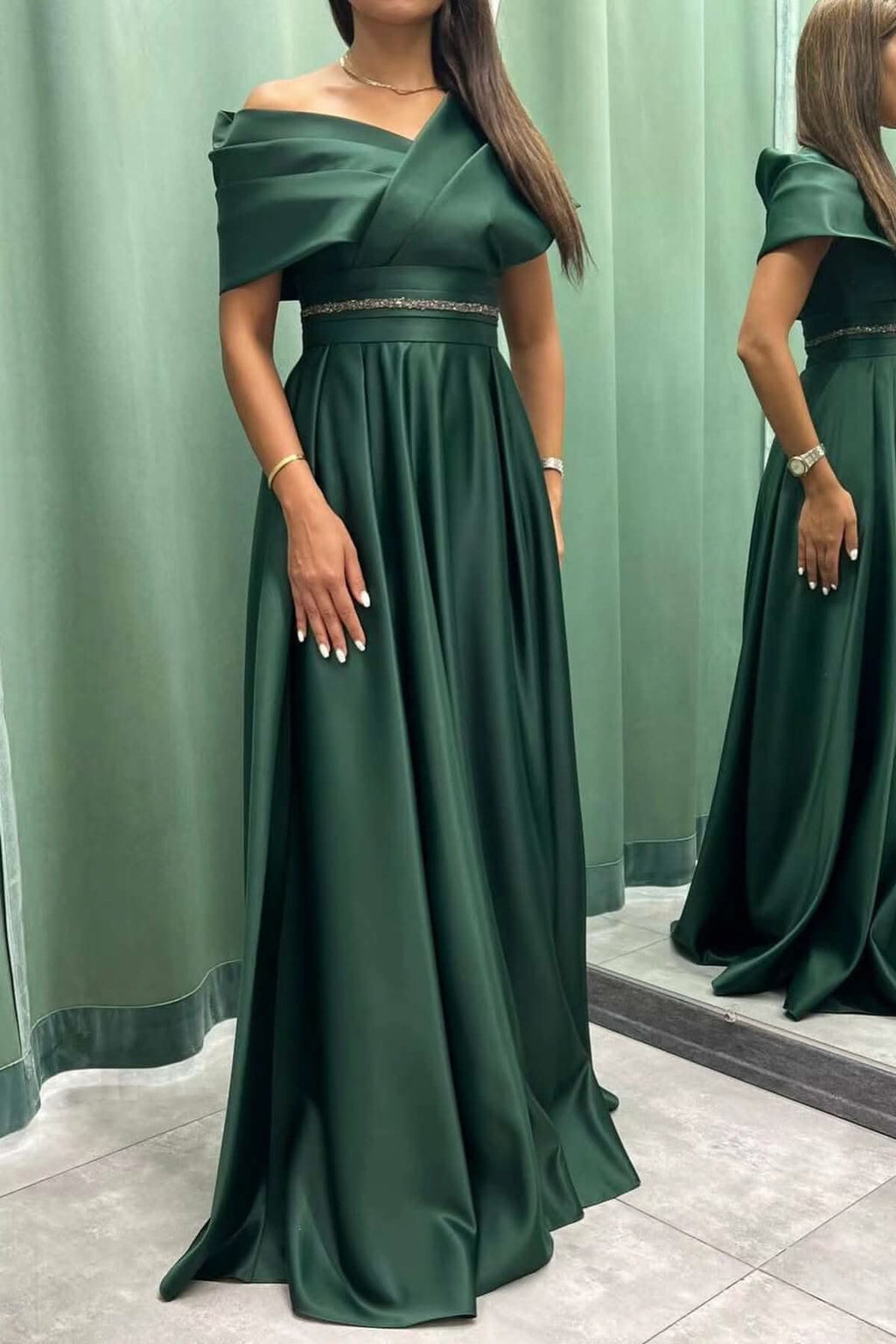 Elegant Off-the-Shoulder Long Pleated Evening Dress On Sale BM bride