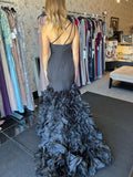Elegant Mermaid Black One Shoulder Tiered Sequins Long Prom Dress BM bride