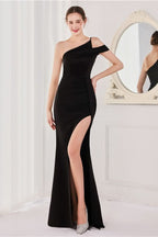 Navy Blue Mermaid Evening Dress with Off-the-Shoulder and Front Split BM bride