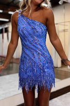 Sparkly Blue Tight One Shoulder Short Sequins Homecoming Dress with Tassel
