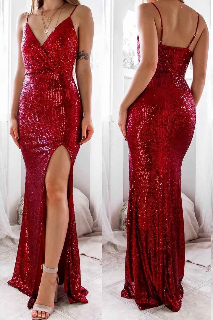 Sequins Spaghetti Strap V Neck Sleeveless Long Prom Dress With Side Split