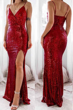 Sequins Spaghetti Strap V Neck Sleeveless Long Prom Dress With Side Split