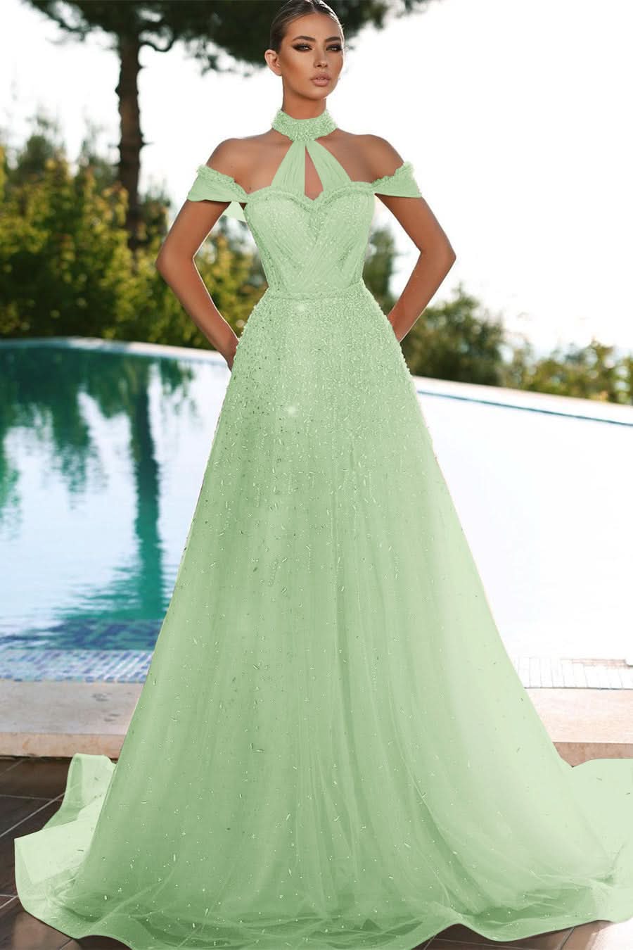 Gorgeous Pink Off-the-Shoulder Tulle Sequined Mermaid Prom Dress BM bride