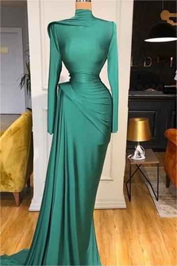 Charming Long Sleeves Green High Neck Long Prom Dress Mermaid With Ruffles