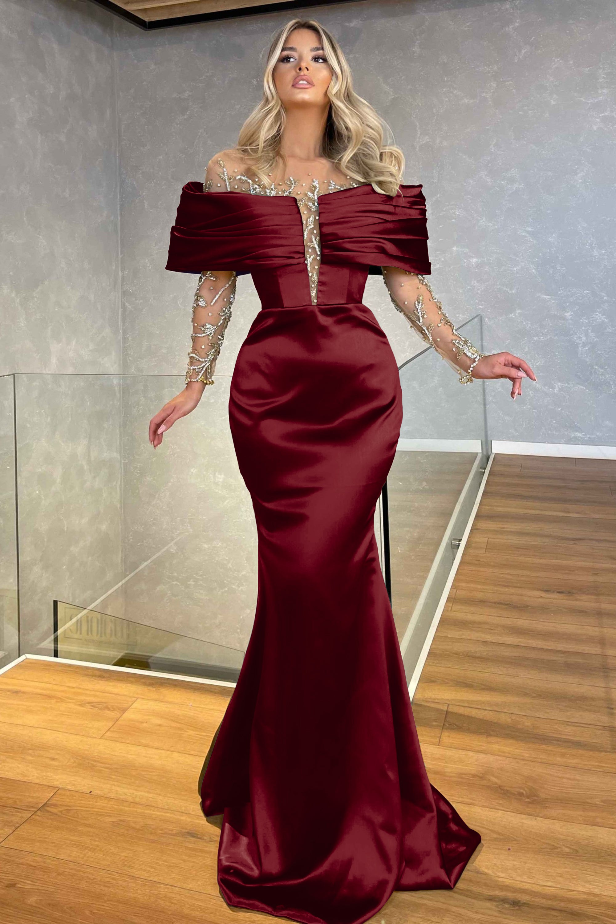 Green Prom Dress Off the Shoulder Long Sleeves Beading Embellished BMBRIDE