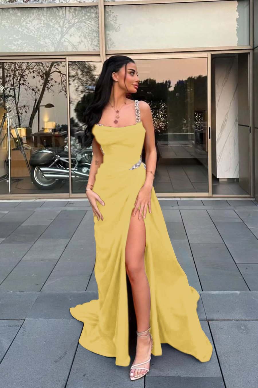 Spaghetti Strap Sleeveless Long Prom Dress With Split Beading BMBRIDE