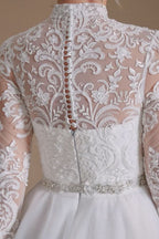 Modest A-Line High Neck Long Sleeve Wedding Dress with Tulle Lace BM bride
