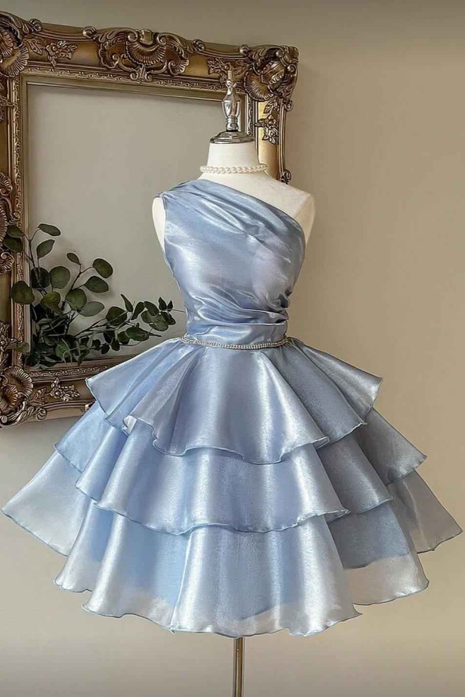 One Shoulder Sleeveless Short  Prom Dress With Pleated Ruffle