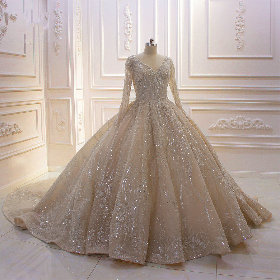 Long Sleeve V-Neck Ball Gown Wedding Dress with Sequins, Beading, and Ruffles BM bride
