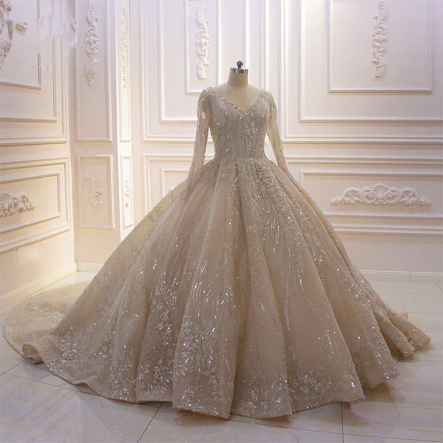 Long Sleeve V-Neck Ball Gown Wedding Dress with Sequins, Beading, and Ruffles BM bride