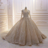 Long Sleeve V-Neck Ball Gown Wedding Dress with Sequins, Beading, and Ruffles BM bride