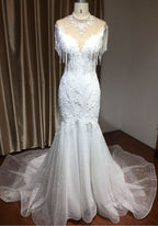 High Neck Mermaid Wedding Dress with Beading and Tassels BM bride