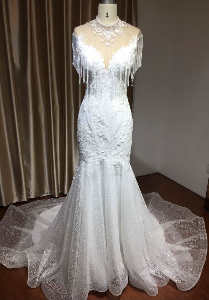 High Neck Mermaid Wedding Dress with Beading and Tassels BM bride