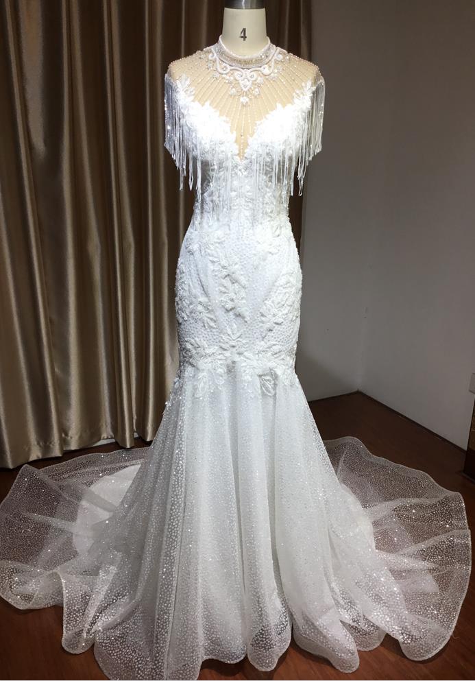 High Neck Mermaid Wedding Dress with Beading and Tassels BM bride