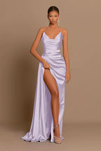 Elegant Royal Blue Long Charmeuse Evening Dress with Slit Pleats BM bride