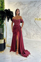 Gorgeous Off-the-Shoulder Sweetheart Beaded Prom Dress with Sequins and Slit BM bride
