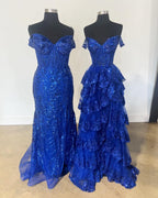 Elegant A-Line Lace Off-the-Shoulder Tiered Long Prom Dress with Slit BM bride