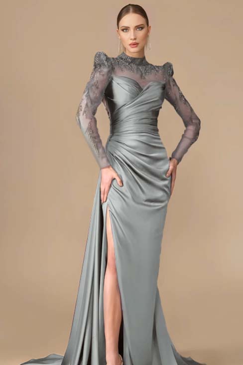 Long Sleeves Long Mermaid Prom Dress With Split Pleated Appliques BMBRIDE