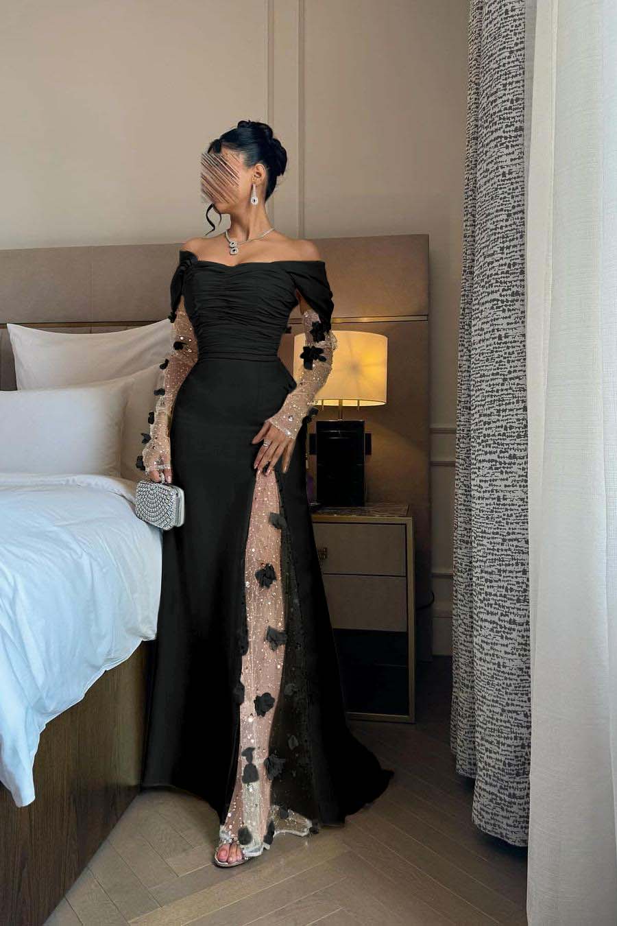 Off the Shoulder Long Sleeves Long Prom Dress With Split Appliques BMBRIDE