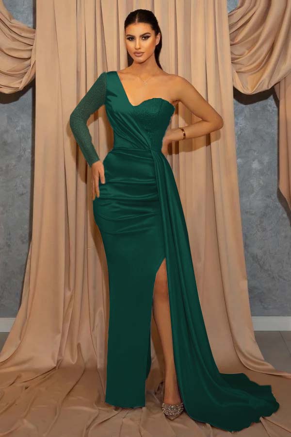 One Shoulder Long Sleeve Sweetheart Sequins Sky Blue Mermaid Prom Dress With Split BMBRIDE