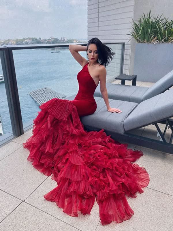 One Shoulder Burgundy Mermaid Prom Dress BM bride