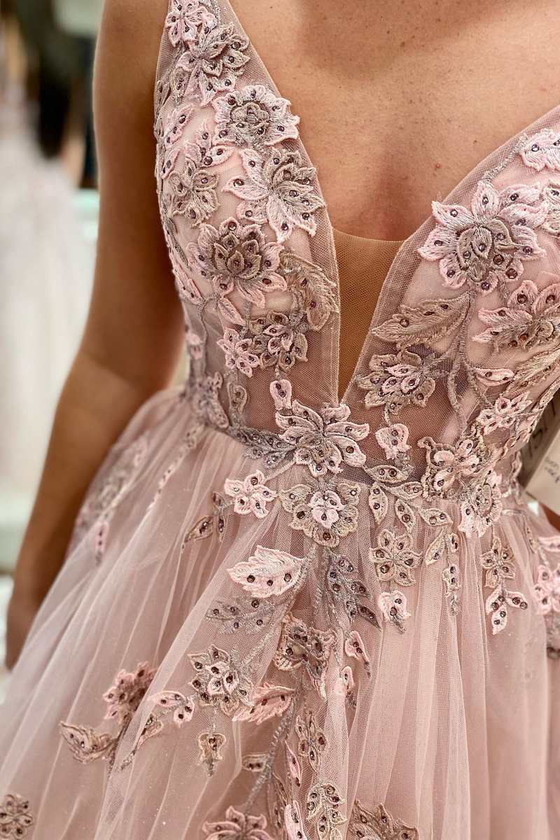 Romantic Floral Lace Plunge V Backless A-Line Prom Gown BM bride