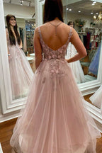 Romantic Floral Lace Plunge V Backless A-Line Prom Gown BM bride