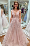 Romantic Floral Lace Plunge V Backless A-Line Prom Gown BM bride