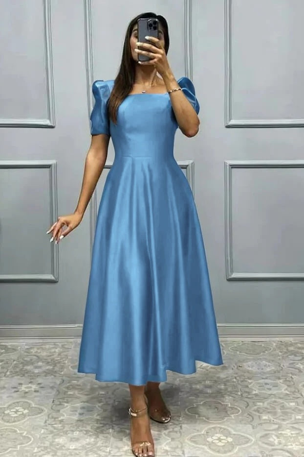 Elegant Square A Line High Waist Pleated Prom Dress With Short Sleeves BMBRIDE