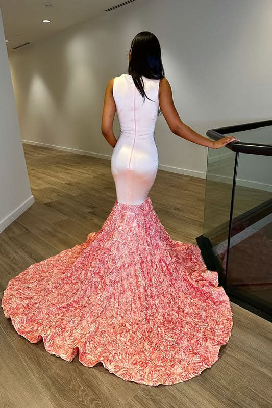 Elegant Pink Evening Dress Long with Sequins, Flowers, and V Neck Tulle BM bride